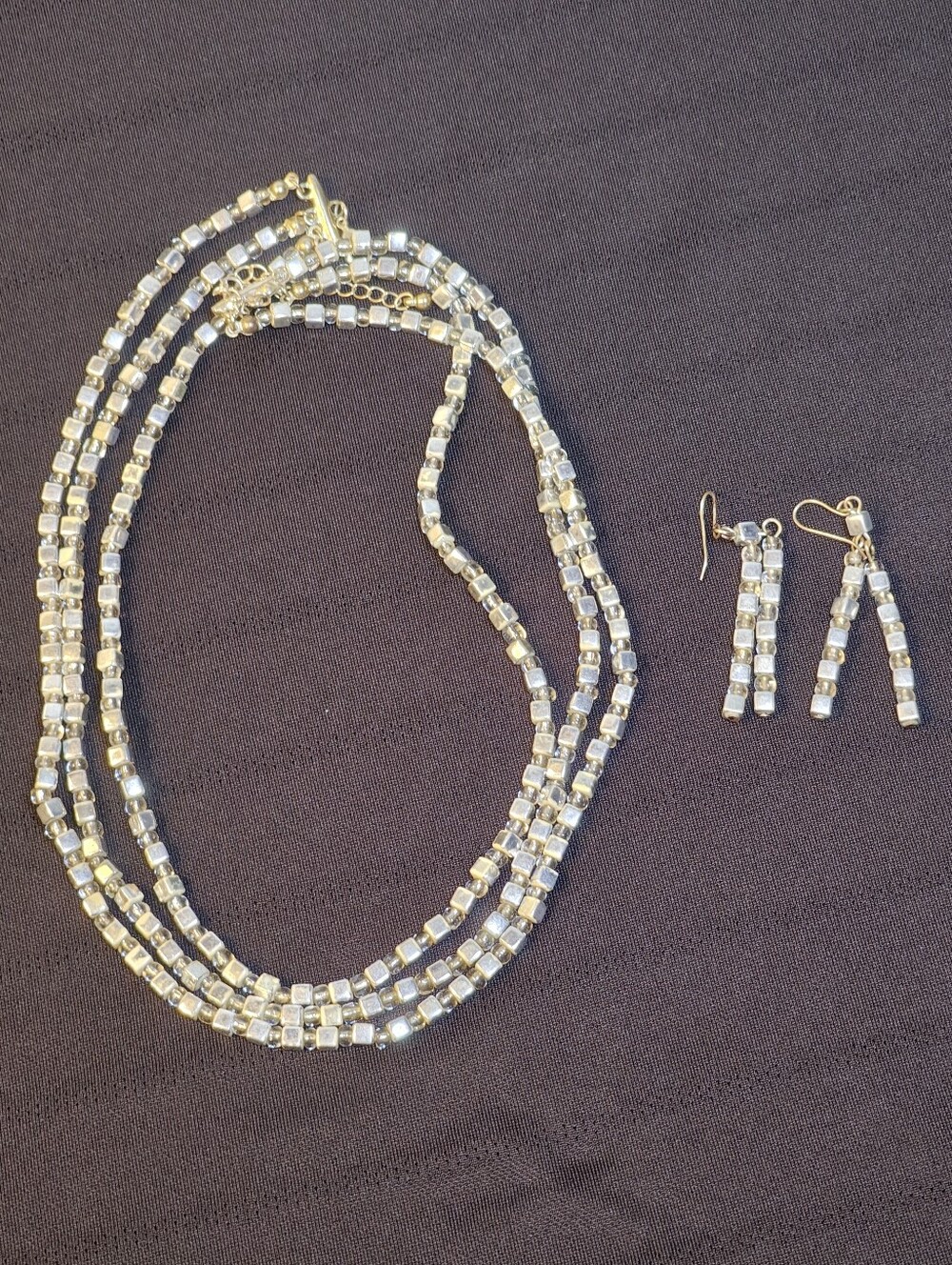 Silver and Clear Crystal Three-Strand Necklace & Drop Earrings Set